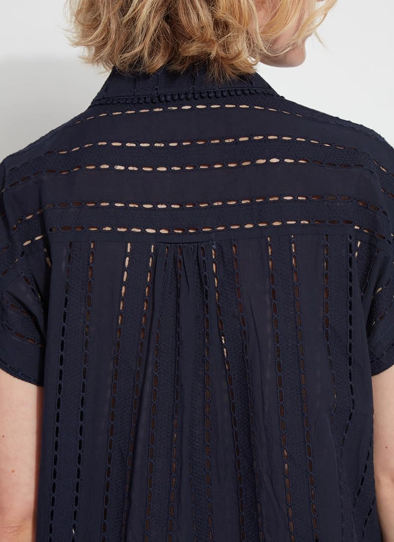 Lyssé Cornet Eyelet Blouse – Short Sleeve Button Down Shirt with Lightweight Cotton with Eyelet Embroidery Details