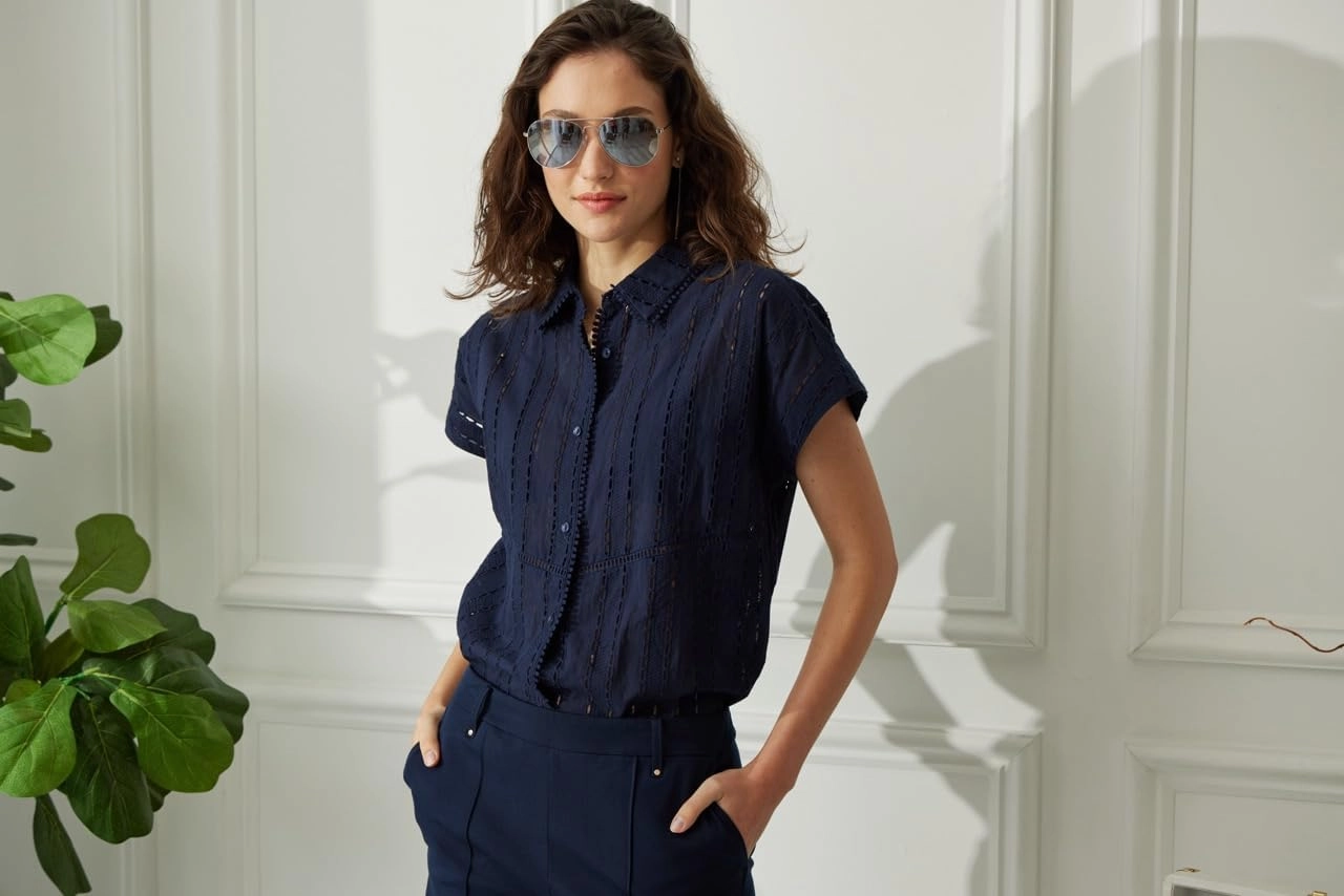 Lyssé Cornet Eyelet Blouse – Short Sleeve Button Down Shirt with Lightweight Cotton with Eyelet Embroidery Details