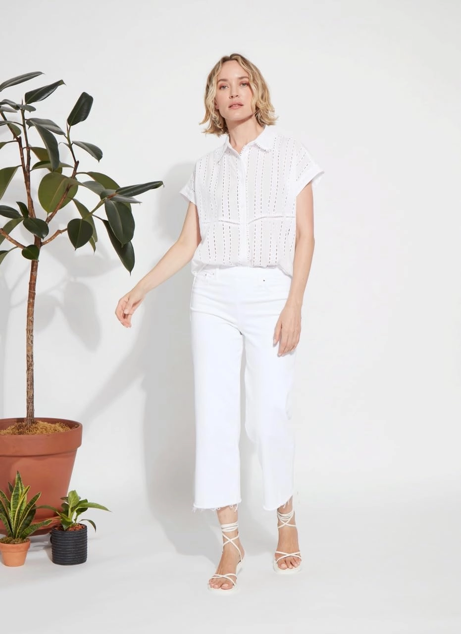 Lyssé Cornet Eyelet Blouse – Short Sleeve Button Down Shirt with Lightweight Cotton with Eyelet Embroidery Details