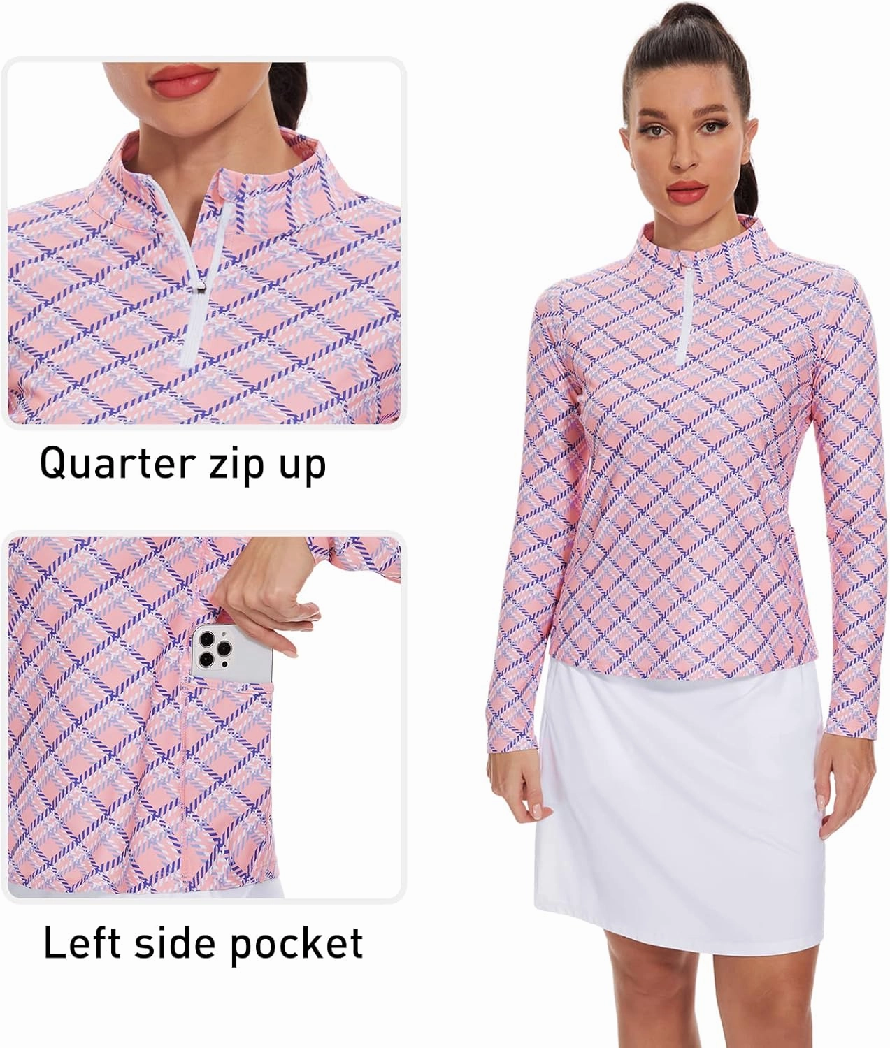 M MOTEEPI Womens Golf Shirt Long Sleeve Athletic Quarter Zip Pullover Sun Protection with Pocket