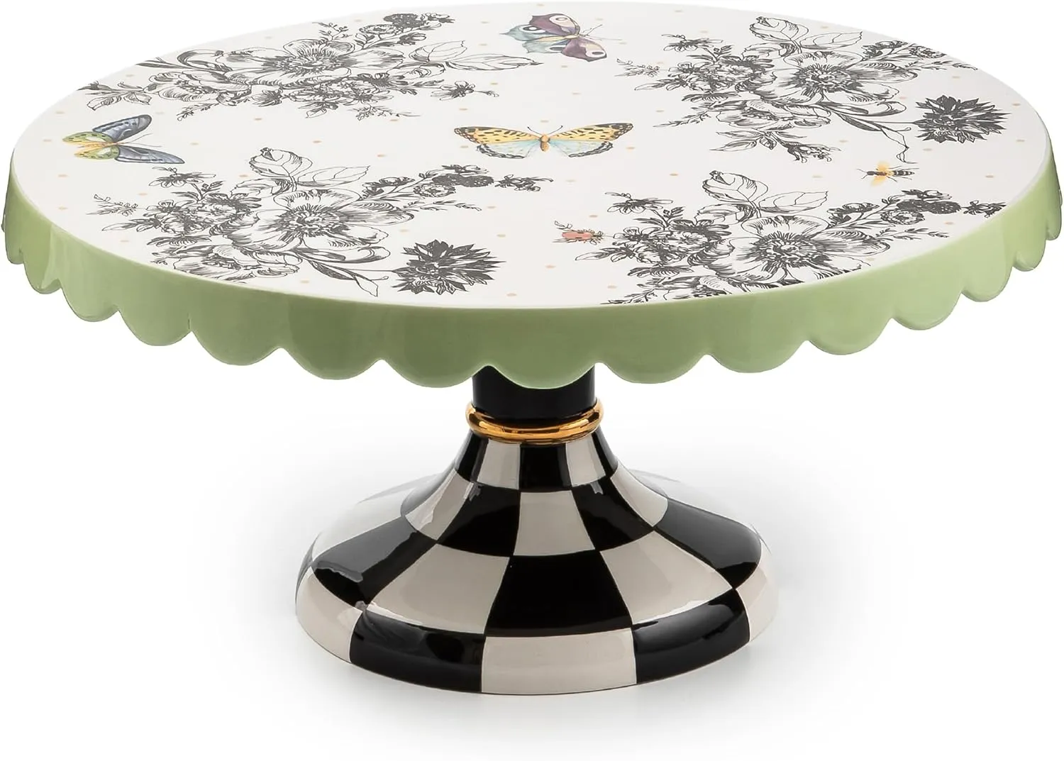MACKENZIE-CHILDS Ceramic Pedestal Platter, Decorative Tray Stand, Small, Butterfly Toile