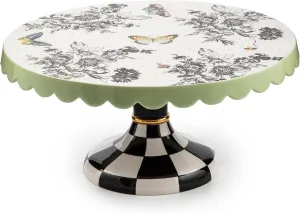 MACKENZIE-CHILDS Ceramic Pedestal Platter, Decorative Tray Stand, Small, Butterfly Toile