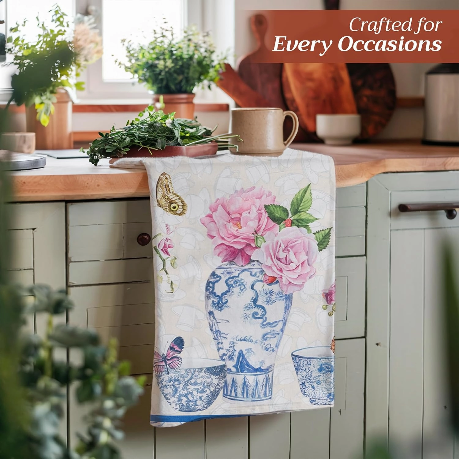Maison d'Hermine Kitchen Towels Set of 3 100% Cotton 27.50" x 20" Reusable Cloth Tea Dish Towels Absorbent with Hanging Loop for Kitchen, Home, Dining, Cocktail Parties Spring/Summer (Canton)
