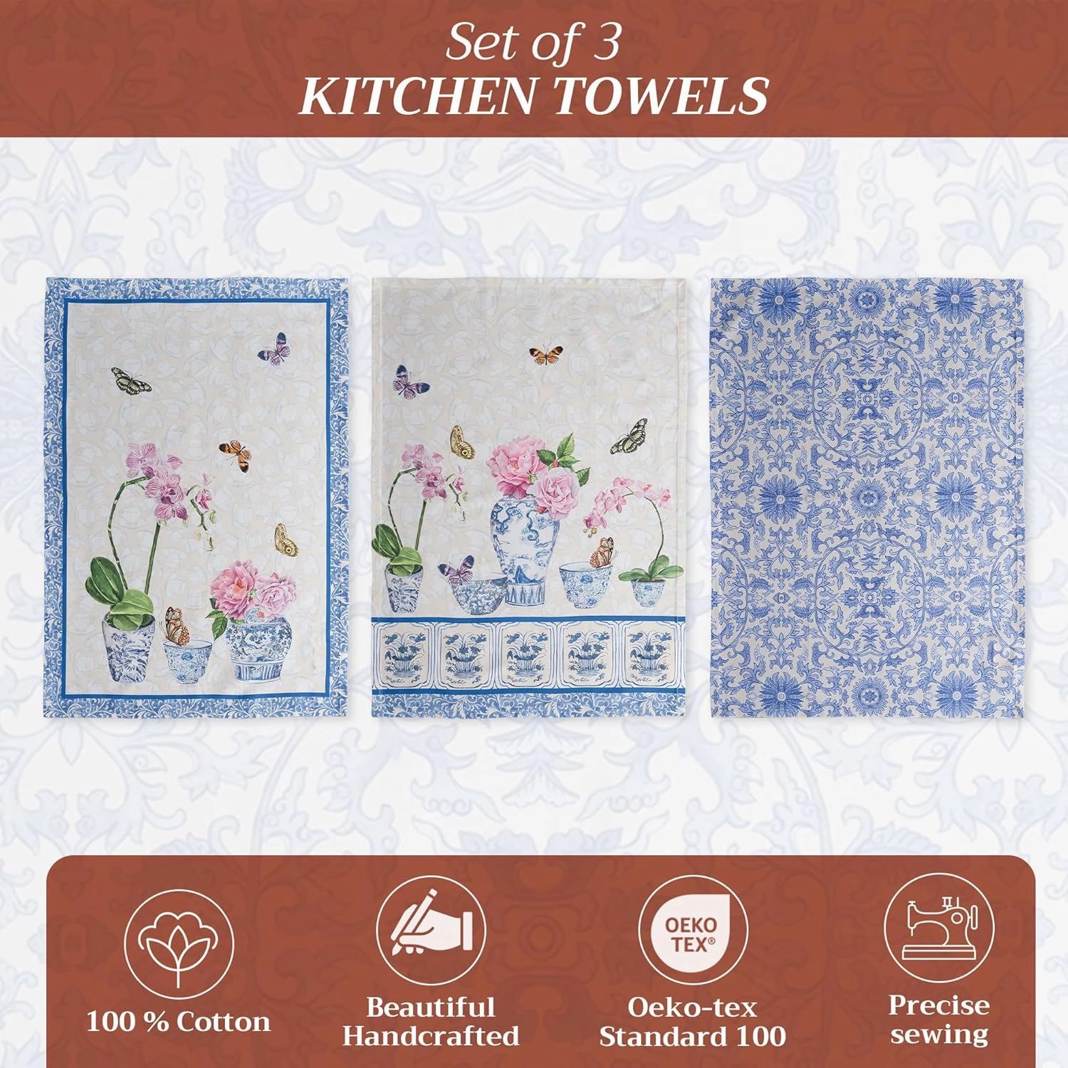 Maison d'Hermine Kitchen Towels Set of 3 100% Cotton 27.50" x 20" Reusable Cloth Tea Dish Towels Absorbent with Hanging Loop for Kitchen, Home, Dining, Cocktail Parties Spring/Summer (Canton)