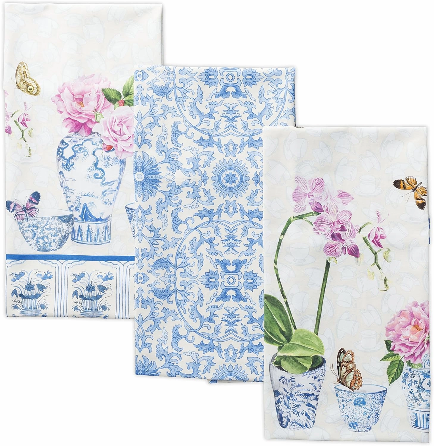 Maison d'Hermine Kitchen Towels Set of 3 100% Cotton 27.50" x 20" Reusable Cloth Tea Dish Towels Absorbent with Hanging Loop for Kitchen, Home, Dining, Cocktail Parties Spring/Summer (Canton)