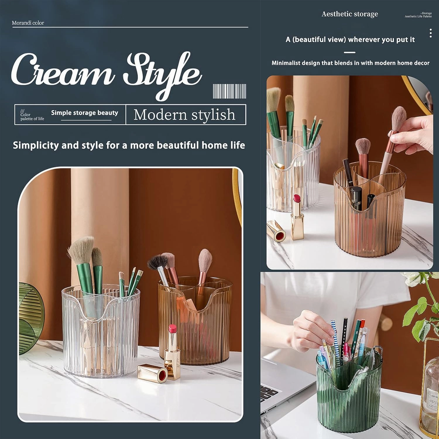 Makeup Brush Holder,Transparent Makeup Organizer,4 Slot Makeup Brushes Cup,for Vanity Decor,Bathroom Countertops,Desk Storage Container,Cosmetic Display cases (Clear White