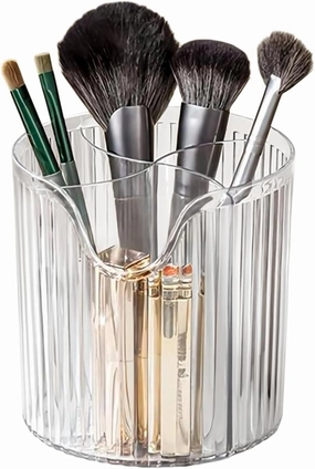 Makeup Brush Holder,Transparent Makeup Organizer,4 Slot Makeup Brushes Cup,for Vanity Decor,Bathroom Countertops,Desk Storage Container,Cosmetic Display cases (Clear White