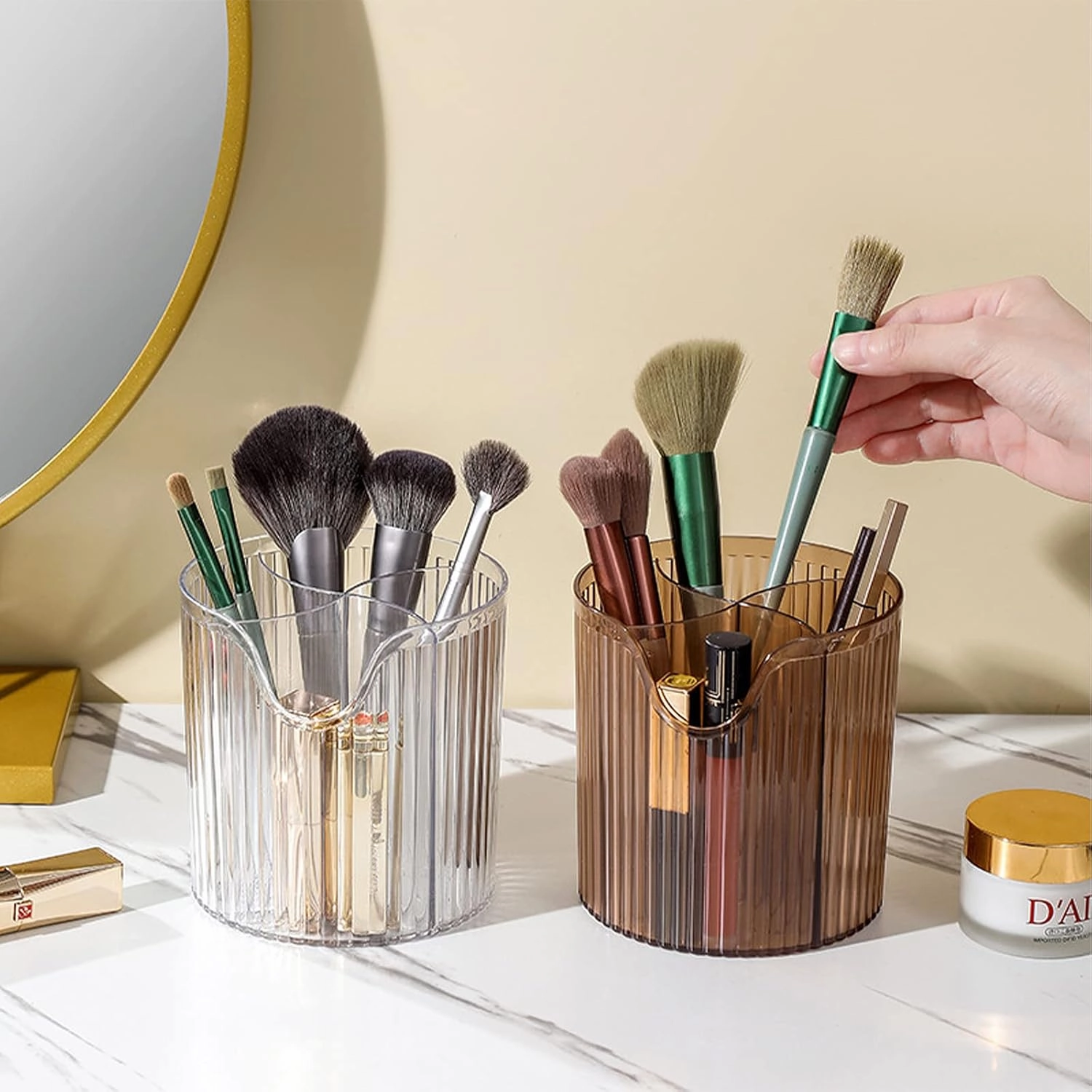 Makeup Brush Holder,Transparent Makeup Organizer,4 Slot Makeup Brushes Cup,for Vanity Decor,Bathroom Countertops,Desk Storage Container,Cosmetic Display cases (Clear White