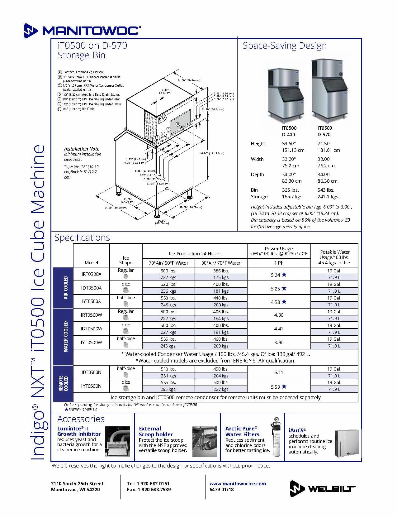 Manitowoc Ice IDT0500A/D570 520 lb Indigo NXT™ Full Cube Ice Machine w/ Bin - 532 lb Storage, Air Cooled