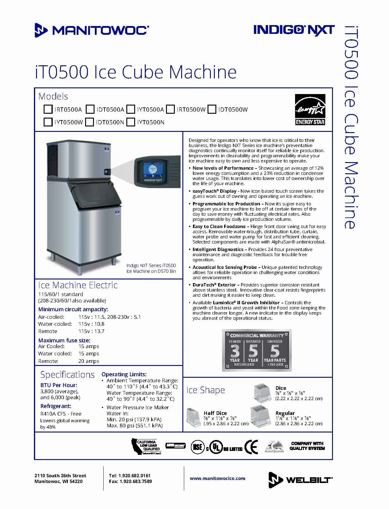 Manitowoc Ice IDT0500A/D570 520 lb Indigo NXT™ Full Cube Ice Machine w/ Bin - 532 lb Storage, Air Cooled