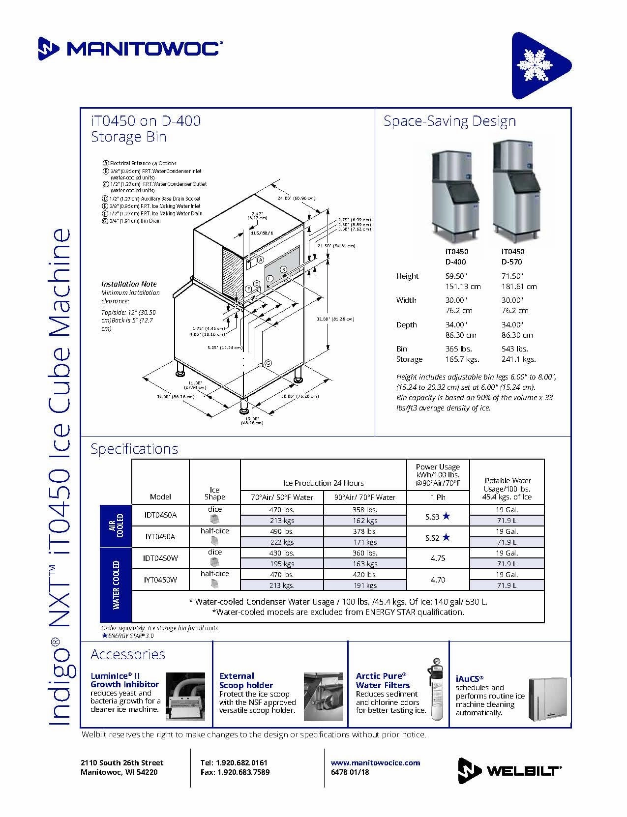Manitowoc Ice IYT0450A/D570 490 lb Indigo NXT™ Half Cube Ice Machine w/ Bin - 532 lb Storage, Air Cooled
