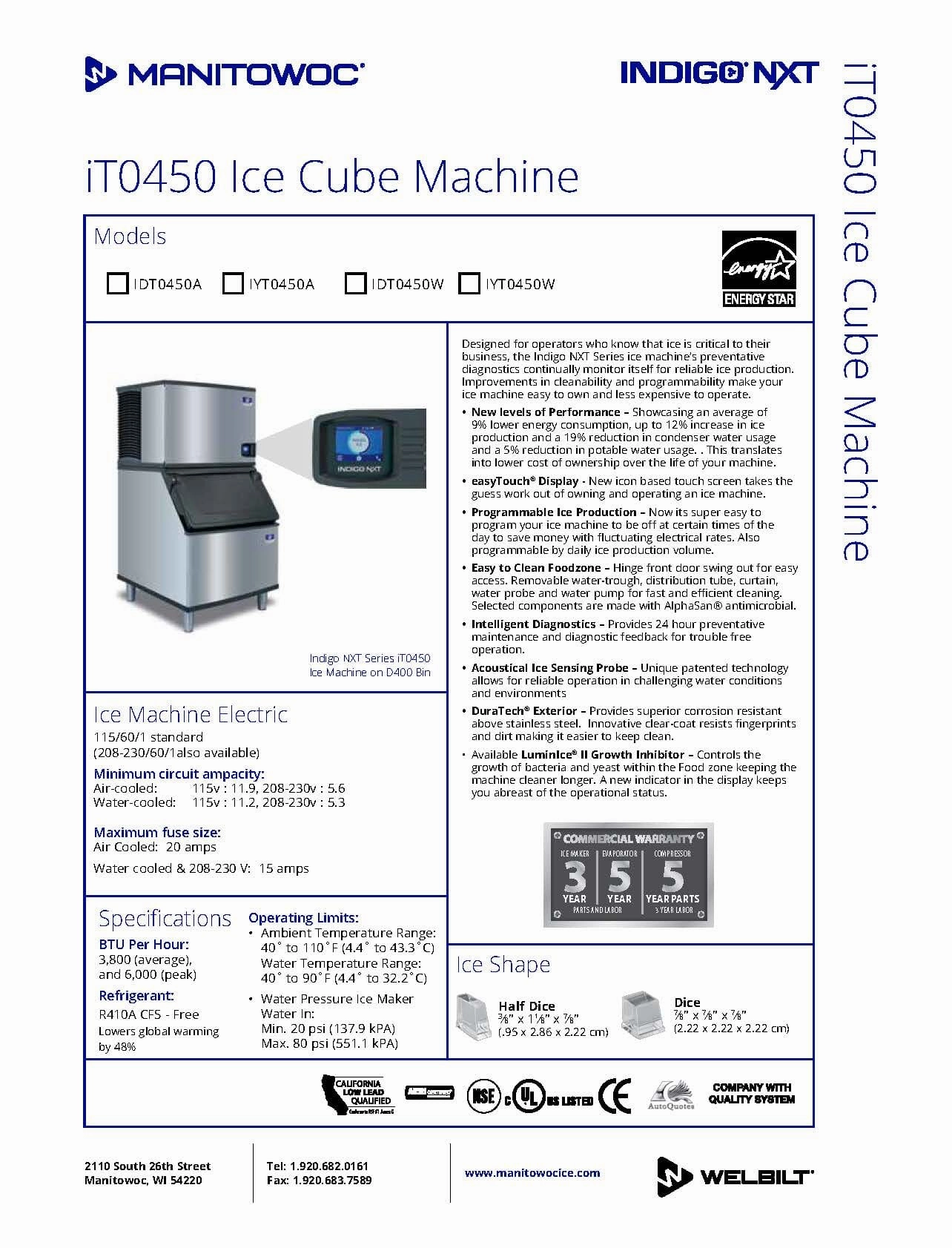Manitowoc Ice IYT0450A/D570 490 lb Indigo NXT™ Half Cube Ice Machine w/ Bin - 532 lb Storage, Air Cooled