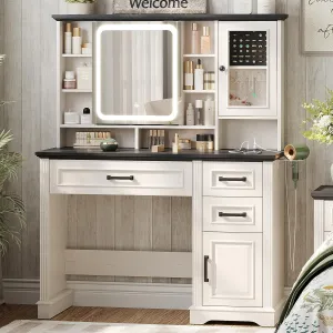 Maupvit Vanity Desk with Mirror and Lights, Makeup Vanity with 3 Drawers and Power Outlets, Farmhouse Makeup Vanity Desk with Lights, Dressing Table with Mirror for Bedroom, White
