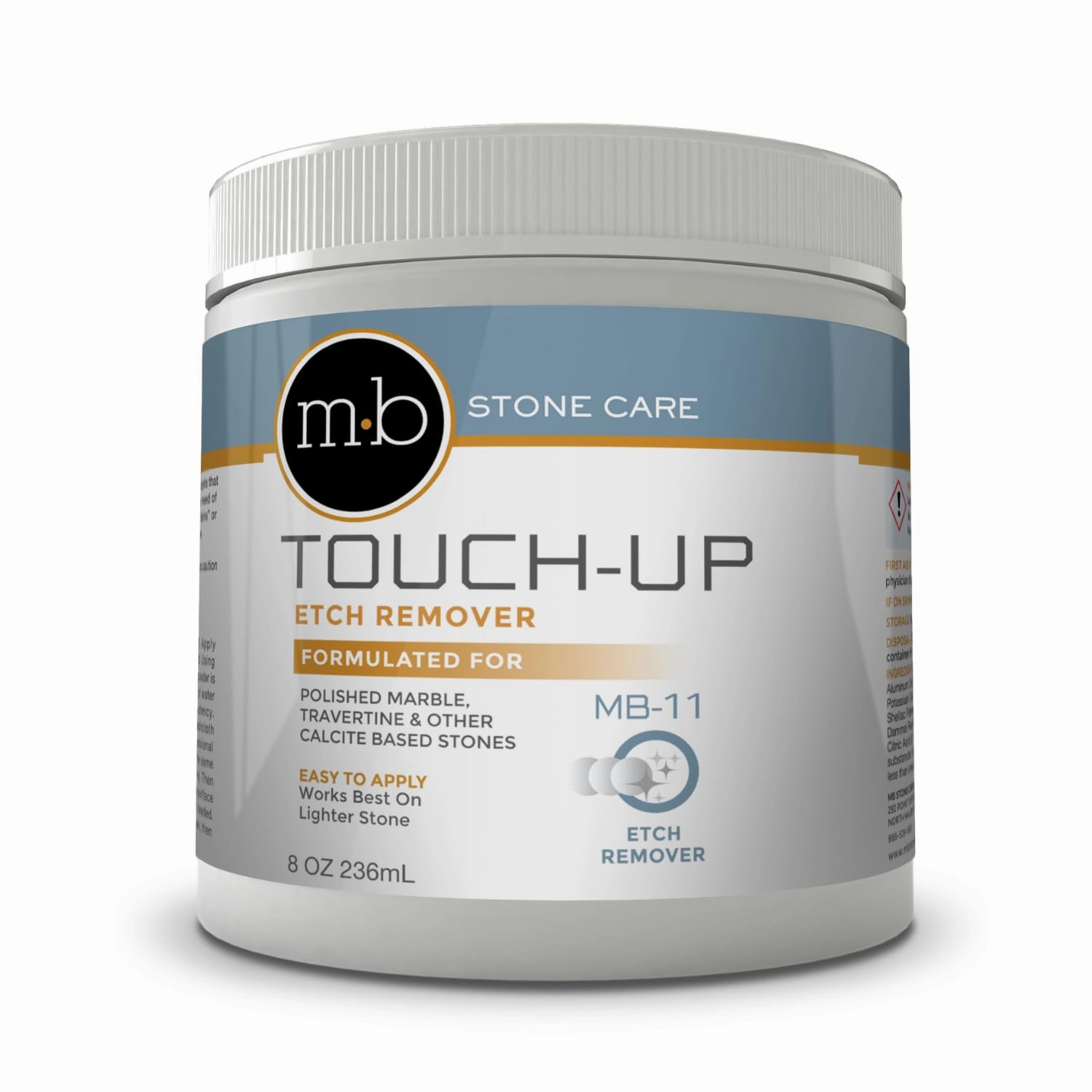 MB Stone MB-11® Touch-Up Etch Remover Marble Polishing Powder, Watermarks Remover, 8 oz Can, Spot Polish Water Stains, Ring Etches, Marble Polishing for Calcite-Based Stone (not for Dark Stone)