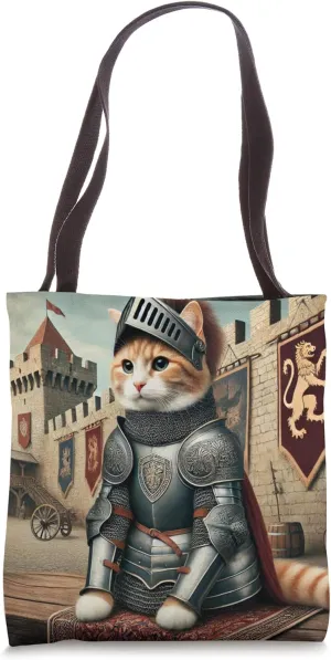 Medieval Knight Cat in Plate Armor Castle Courtyard Scene Tote Bag