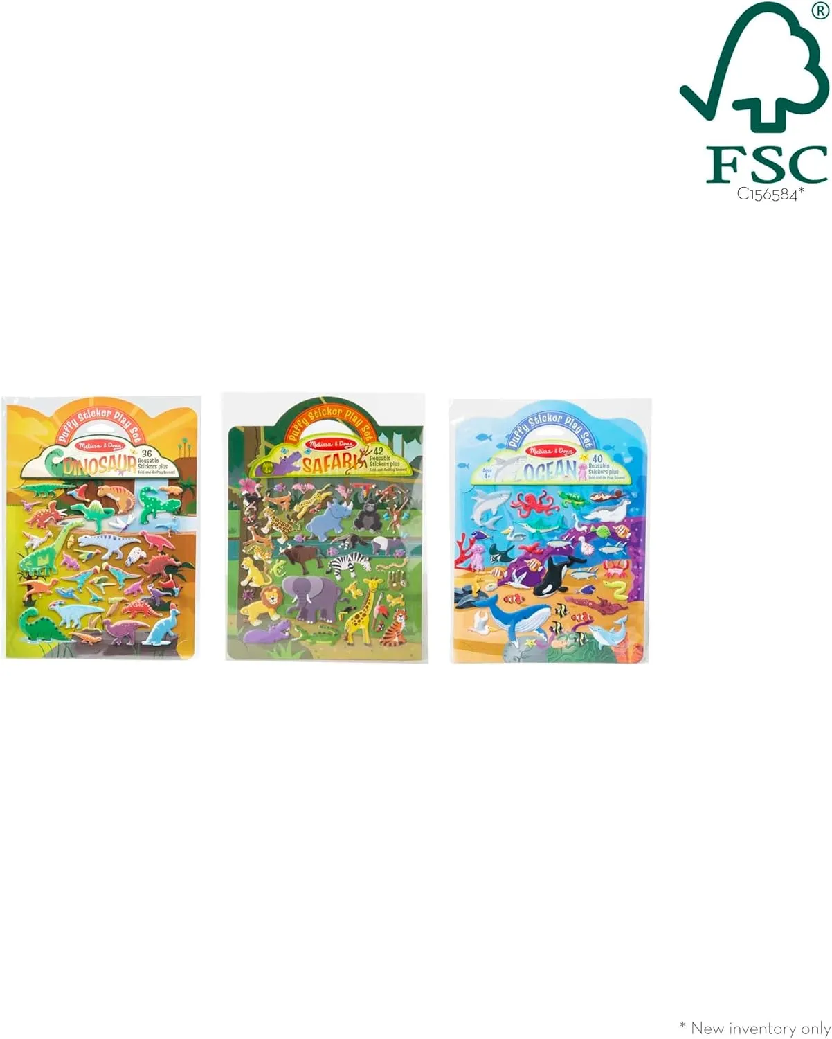 Melissa & Doug Reusable Puffy Sticker Wild Adventures Play Set 3-Pack (118 Stickers: Safari, Dinosaur, Ocean) - FSC Certified