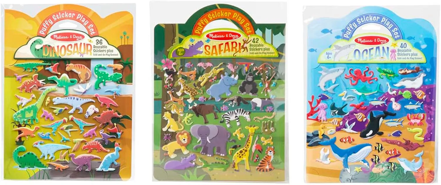 Melissa & Doug Reusable Puffy Sticker Wild Adventures Play Set 3-Pack (118 Stickers: Safari, Dinosaur, Ocean) - FSC Certified