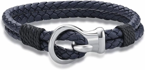 Metro Jewelry Two Strand Braided Bracelet for Men with Navy Blue or Black Genuine Leather and Stainless Steel Buckle - 8.5 Inches Long 10 MM Wide Easy Hook Clasp