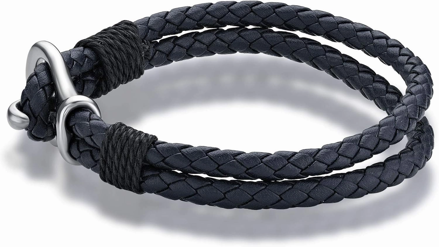 Metro Jewelry Two Strand Braided Bracelet for Men with Navy Blue or Black Genuine Leather and Stainless Steel Buckle - 8.5 Inches Long 10 MM Wide Easy Hook Clasp