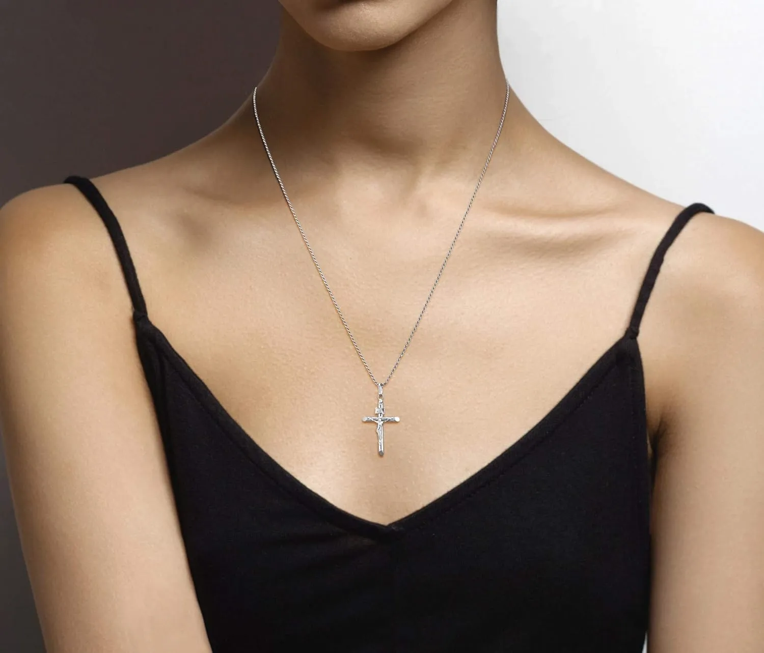 Miabella Rhodium Plated 925 Sterling Silver Small or Large Crucifix Necklace for Men Women, Cross Pendant with Rope Chain, Made in Italy