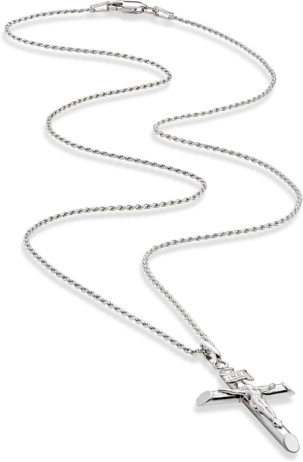 Miabella Rhodium Plated 925 Sterling Silver Small or Large Crucifix Necklace for Men Women, Cross Pendant with Rope Chain, Made in Italy