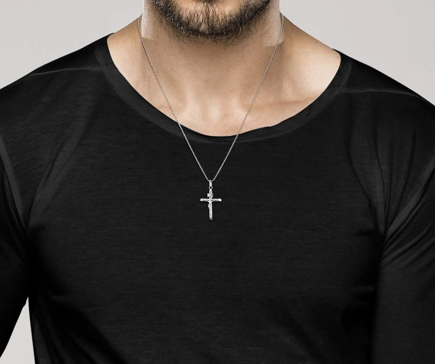 Miabella Rhodium Plated 925 Sterling Silver Small or Large Crucifix Necklace for Men Women, Cross Pendant with Rope Chain, Made in Italy