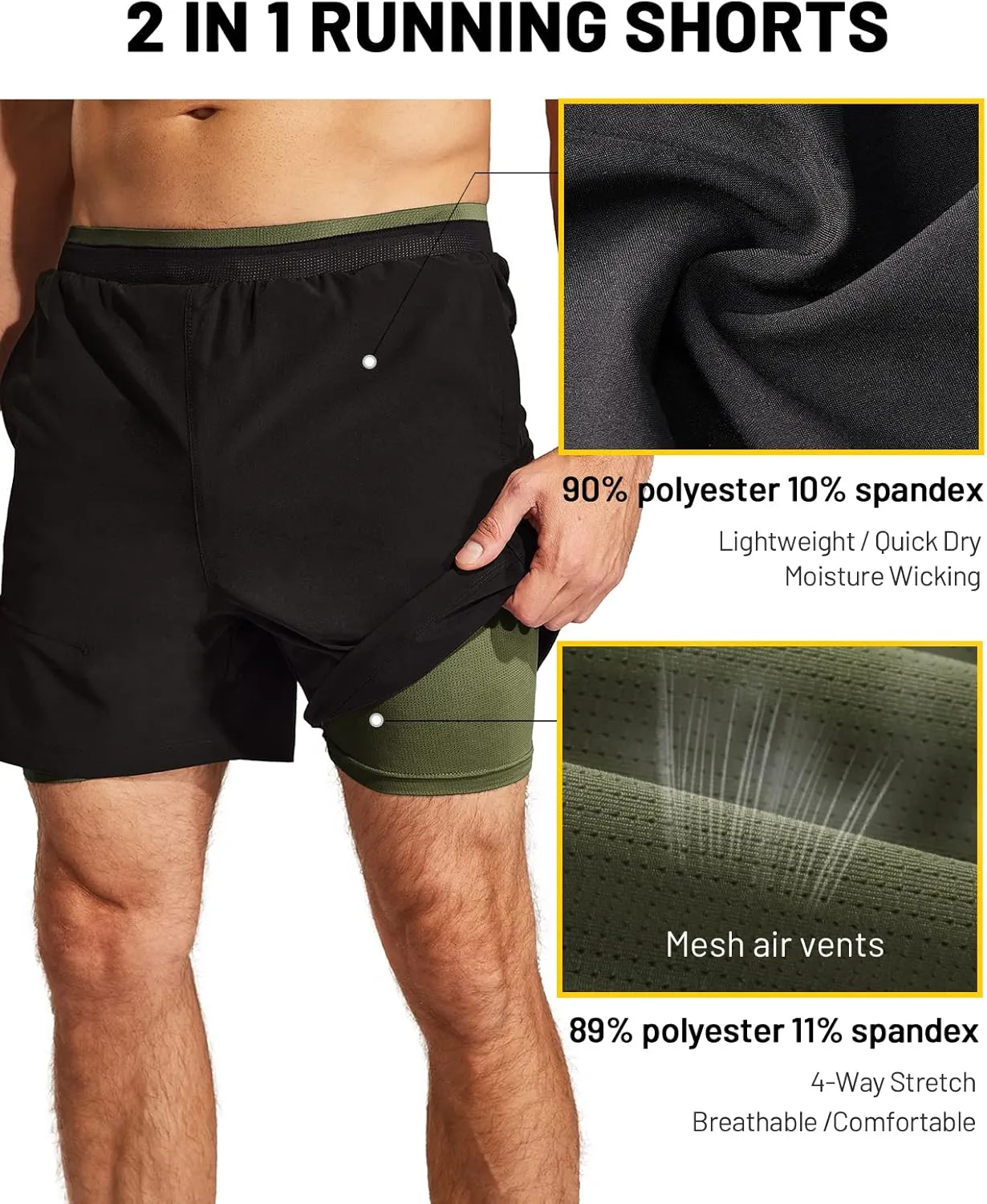 MIER Men's 2 in 1 Running Shorts with Liner 5" Quick Dry Gym Workout Athletic Shorts with Pockets, Lightweight, Breathable