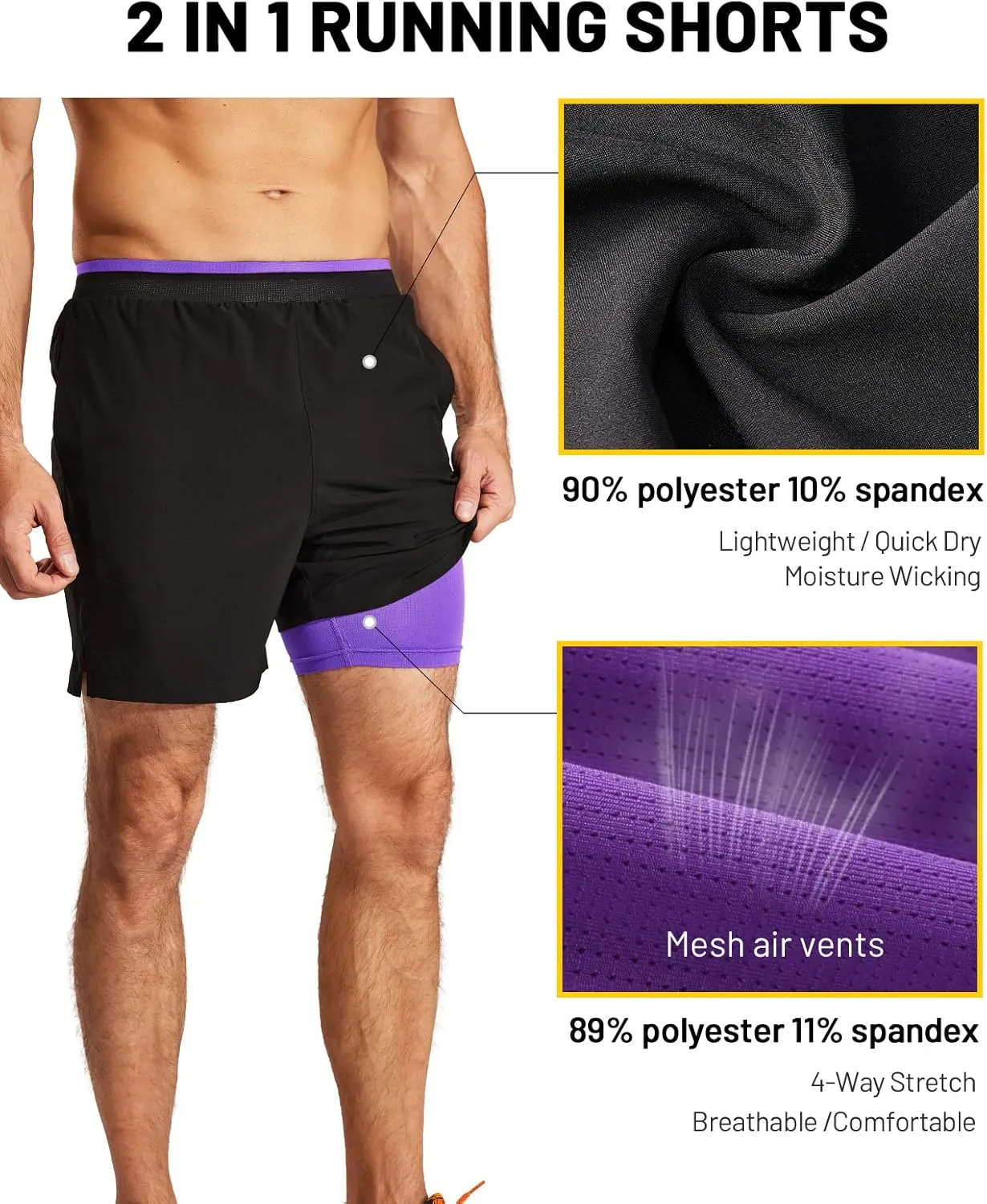 MIER Men's 2 in 1 Running Shorts with Liner 5" Quick Dry Gym Workout Athletic Shorts with Pockets, Lightweight, Breathable