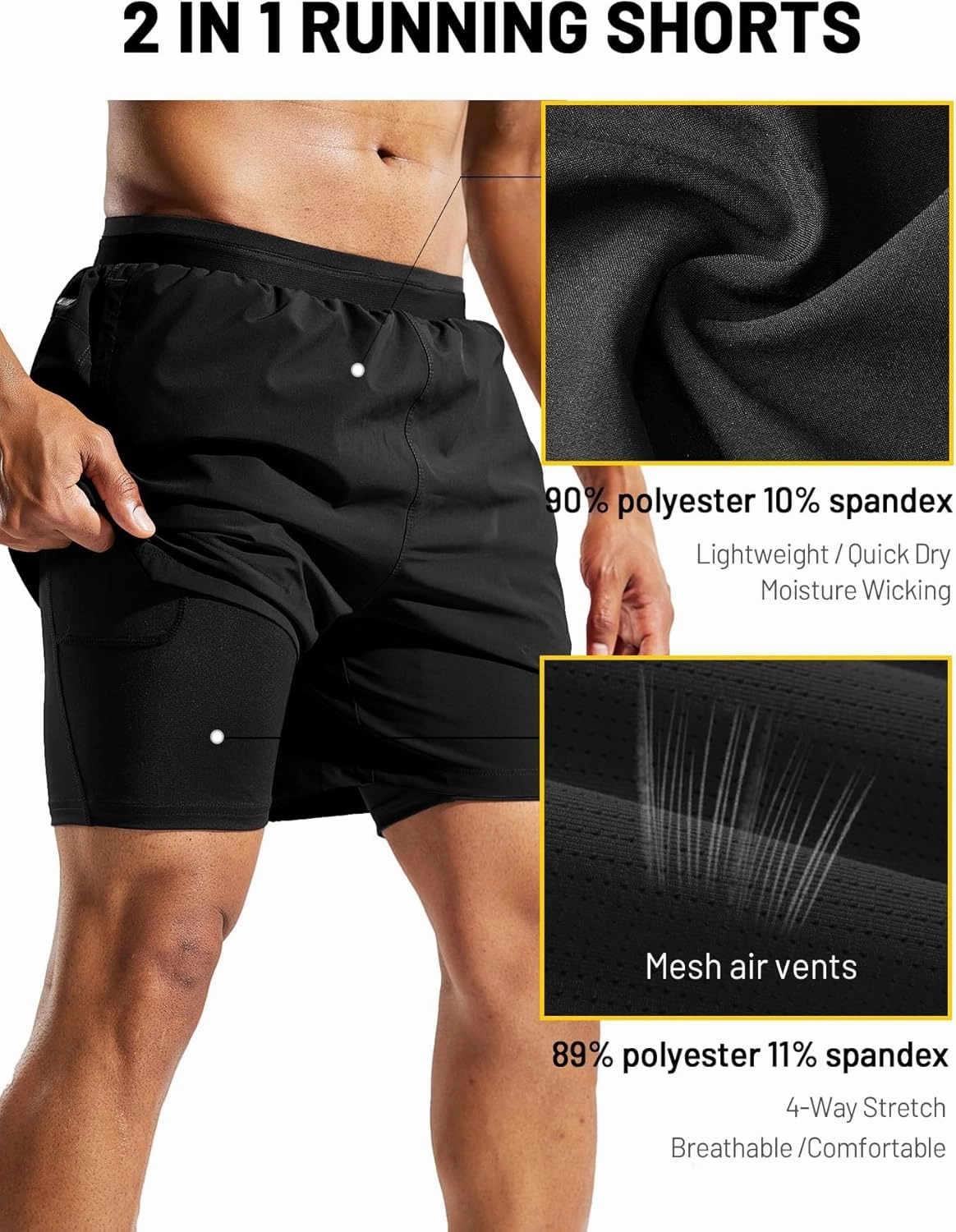 MIER Men's 2 in 1 Running Shorts with Liner 5" Quick Dry Gym Workout Athletic Shorts with Pockets, Lightweight, Breathable