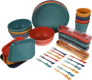 Mikinona 1set Wheat Straw Tableware Reusable Camping Dishes for Outdoor Dining Lightweight Cutlery Kit Portable Bowls Plates and Utensils Easy to Clean for Picnics and Events