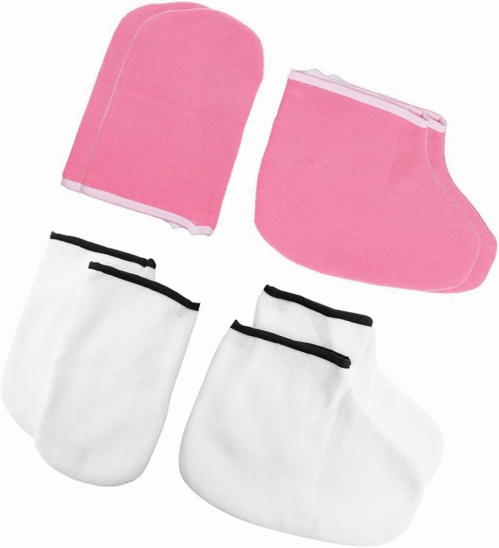 Mikinona 4 Pairs Exfoliating Moisturizing Hand and Foot Covers Set Skin Care Gloves & Foot Spa Covers White and Pink for Foot and Hand Care