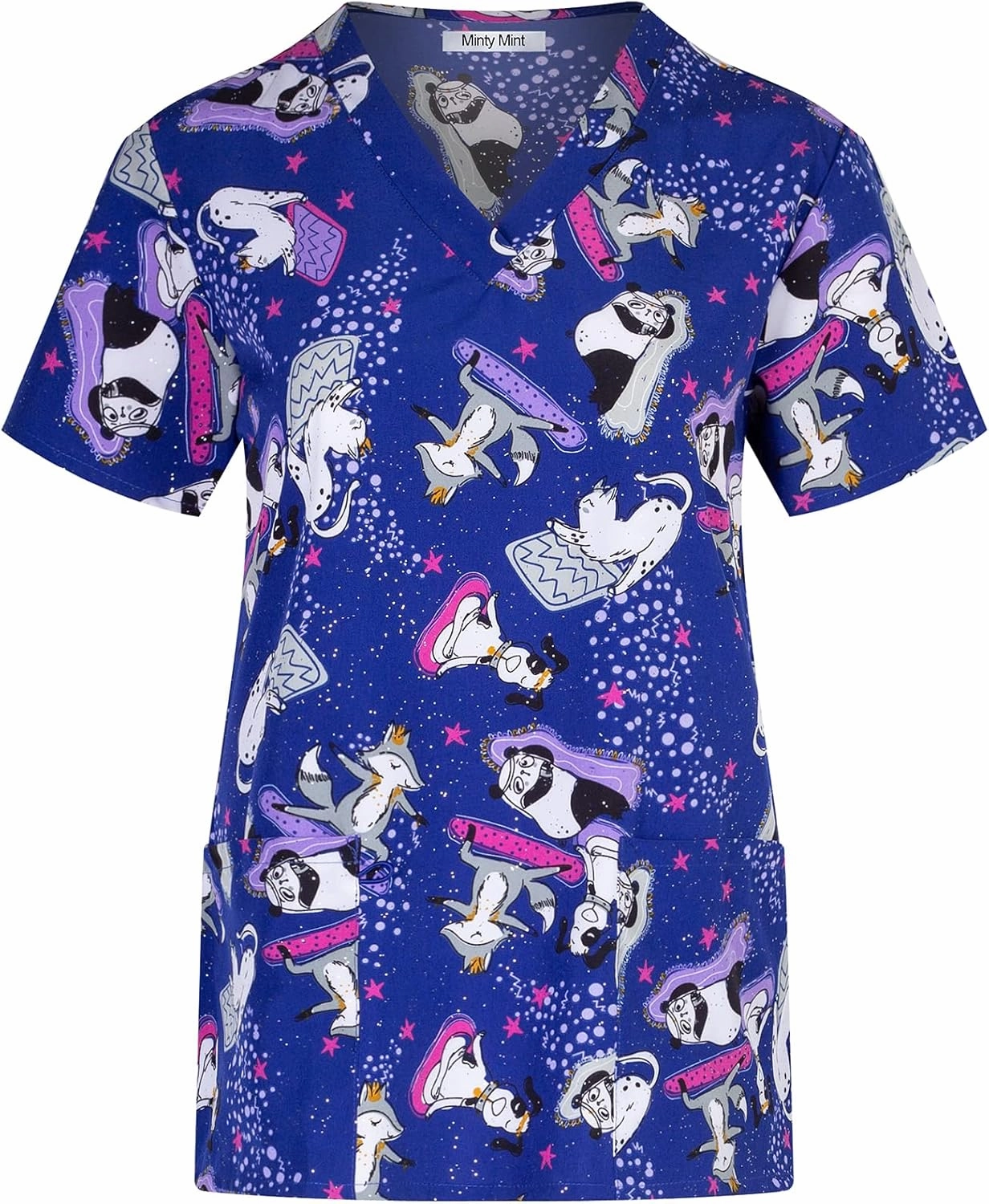 Minty Mint Women's Comfortable Easy Fit Lightweight Durable Stretch Printed V-Neck Medical Scrub Top
