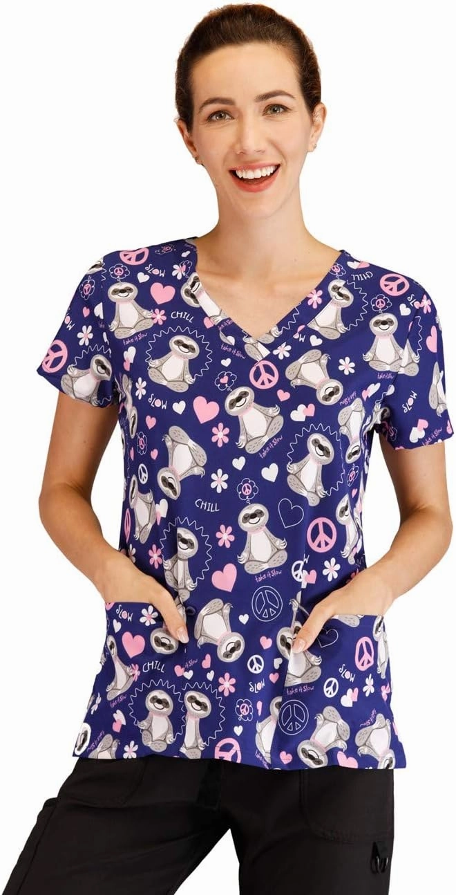 Minty Mint Women's Comfortable Easy Fit Lightweight Durable Stretch Printed V-Neck Medical Scrub Top