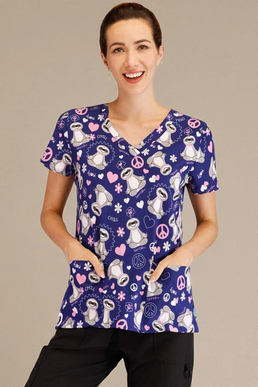 Minty Mint Women's Comfortable Easy Fit Lightweight Durable Stretch Printed V-Neck Medical Scrub Top
