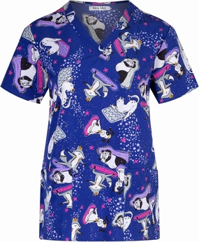 Minty Mint Women's Comfortable Easy Fit Lightweight Durable Stretch Printed V-Neck Medical Scrub Top