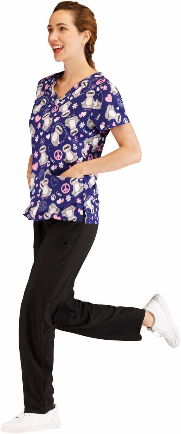 Minty Mint Women's Comfortable Easy Fit Lightweight Durable Stretch Printed V-Neck Medical Scrub Top
