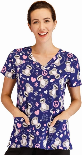 Minty Mint Women's Comfortable Easy Fit Lightweight Durable Stretch Printed V-Neck Medical Scrub Top
