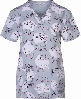 Minty Mint Women's Comfortable Easy Fit Lightweight Durable Stretch Printed V-Neck Medical Scrub Top
