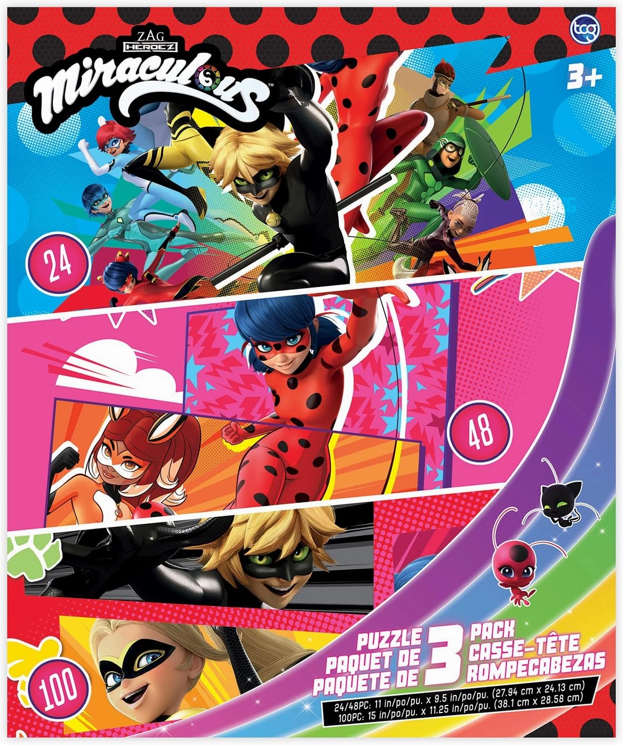 Miraculous Ladybug - 3 in 1 Jigsaw Puzzles for Kids. Featuring Lady & Cat Noir. Great Birthday & Educational Gifts for Boys and Girls. Colorful Pieces Fit Together Perfectly.