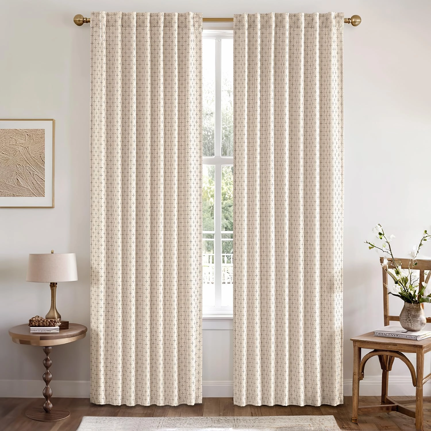 MIULEE Decorative Back Tab Linen Curtains with Geometric Pattern for Living Room Bedroom Farmhouse Rustic Thick Woven Textured Patterned Mudcloth Drapes 84 Inches Long 2 Panels Set, Beige