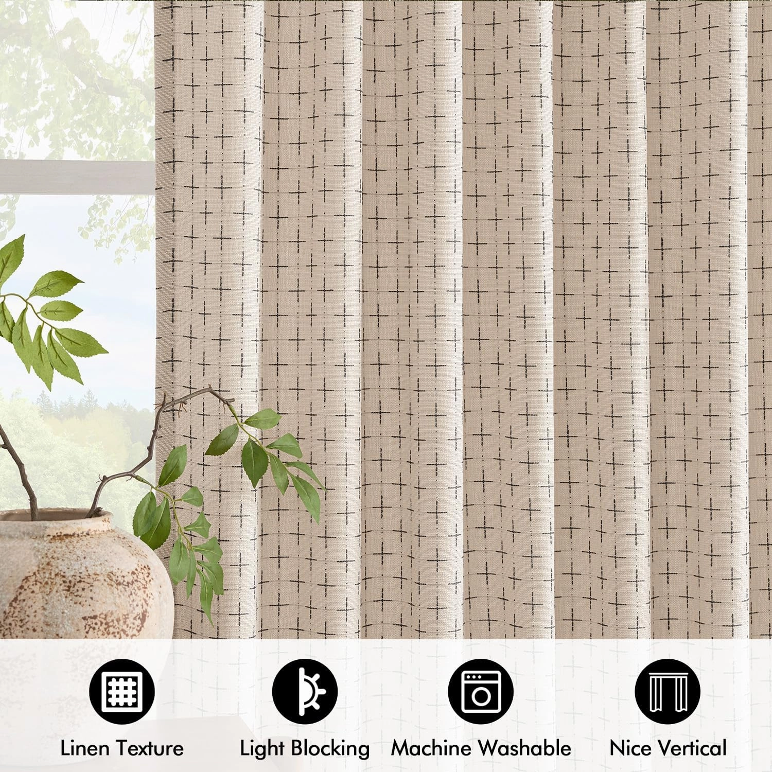 MIULEE Decorative Back Tab Linen Curtains with Geometric Pattern for Living Room Bedroom Farmhouse Rustic Thick Woven Textured Patterned Mudcloth Drapes 84 Inches Long 2 Panels Set, Beige