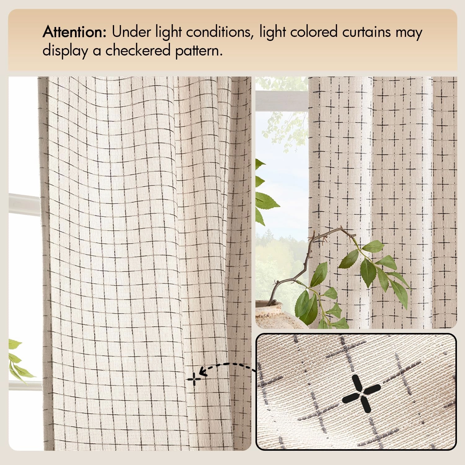 MIULEE Decorative Back Tab Linen Curtains with Geometric Pattern for Living Room Bedroom Farmhouse Rustic Thick Woven Textured Patterned Mudcloth Drapes 84 Inches Long 2 Panels Set, Beige