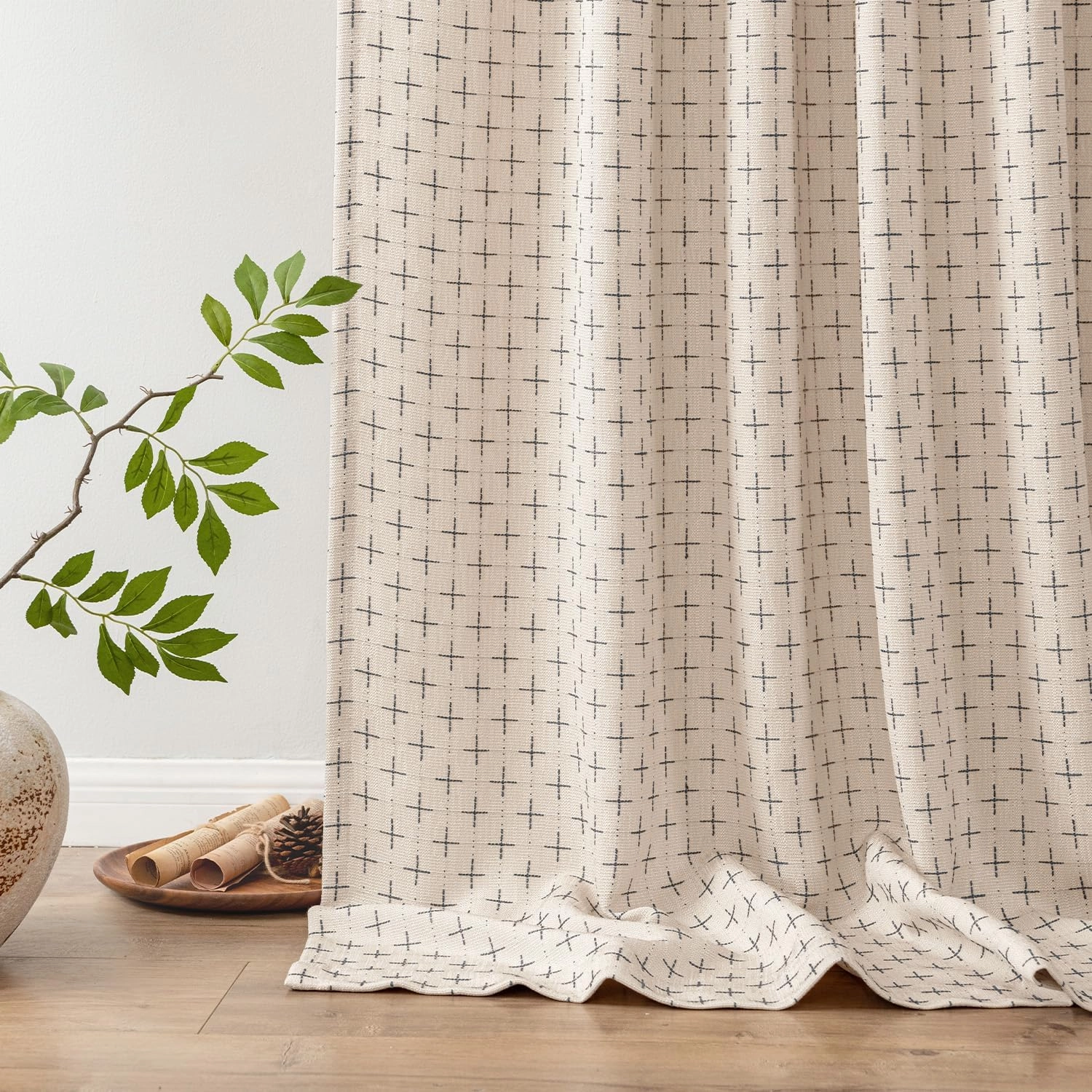 MIULEE Decorative Back Tab Linen Curtains with Geometric Pattern for Living Room Bedroom Farmhouse Rustic Thick Woven Textured Patterned Mudcloth Drapes 84 Inches Long 2 Panels Set, Beige