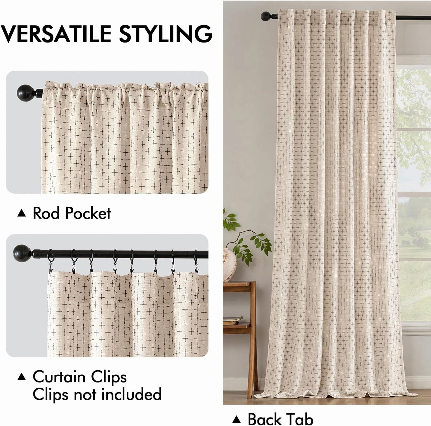 MIULEE Decorative Back Tab Linen Curtains with Geometric Pattern for Living Room Bedroom Farmhouse Rustic Thick Woven Textured Patterned Mudcloth Drapes 84 Inches Long 2 Panels Set, Beige