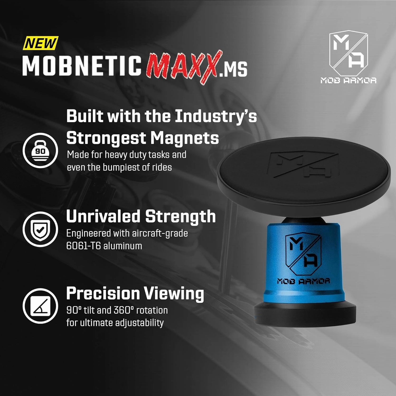 Mob Armor MobNetic Maxx MS - MagSafe Compatible Car Phone Mount w/ 90º Tilt, 360º Rotation & Durable Aluminum Build, Magnetic Holder for iPhone & Android Devices, USA Assembled - Blue
