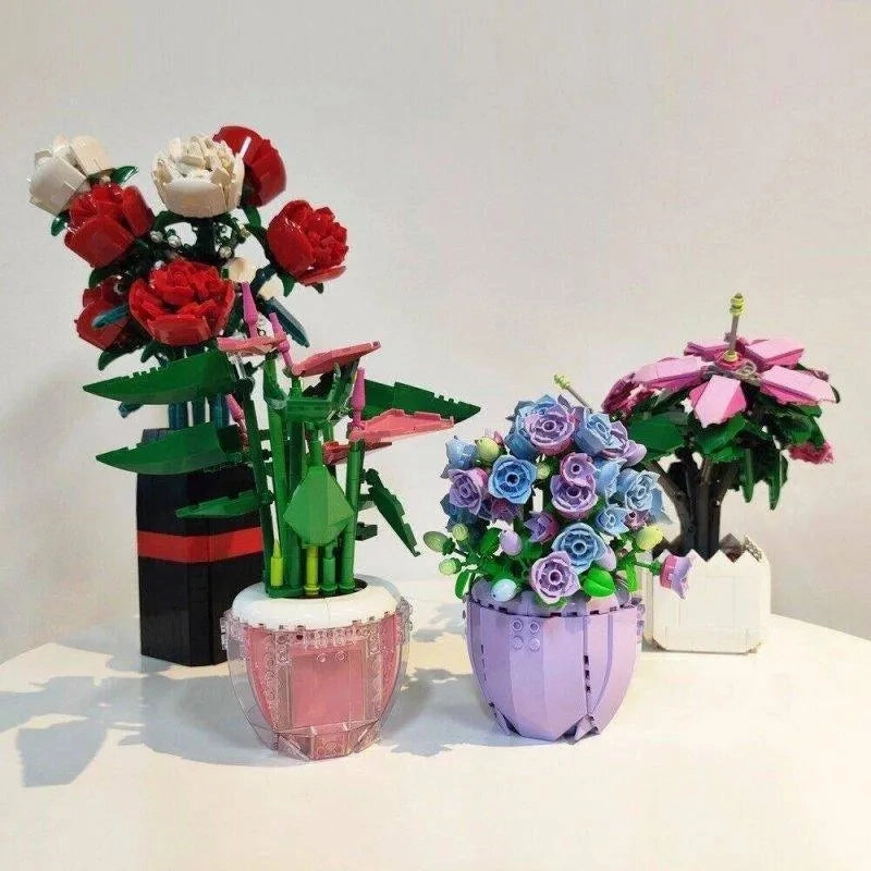MOC Idea Potted Rose Flower Plant Bricks Kids Toys