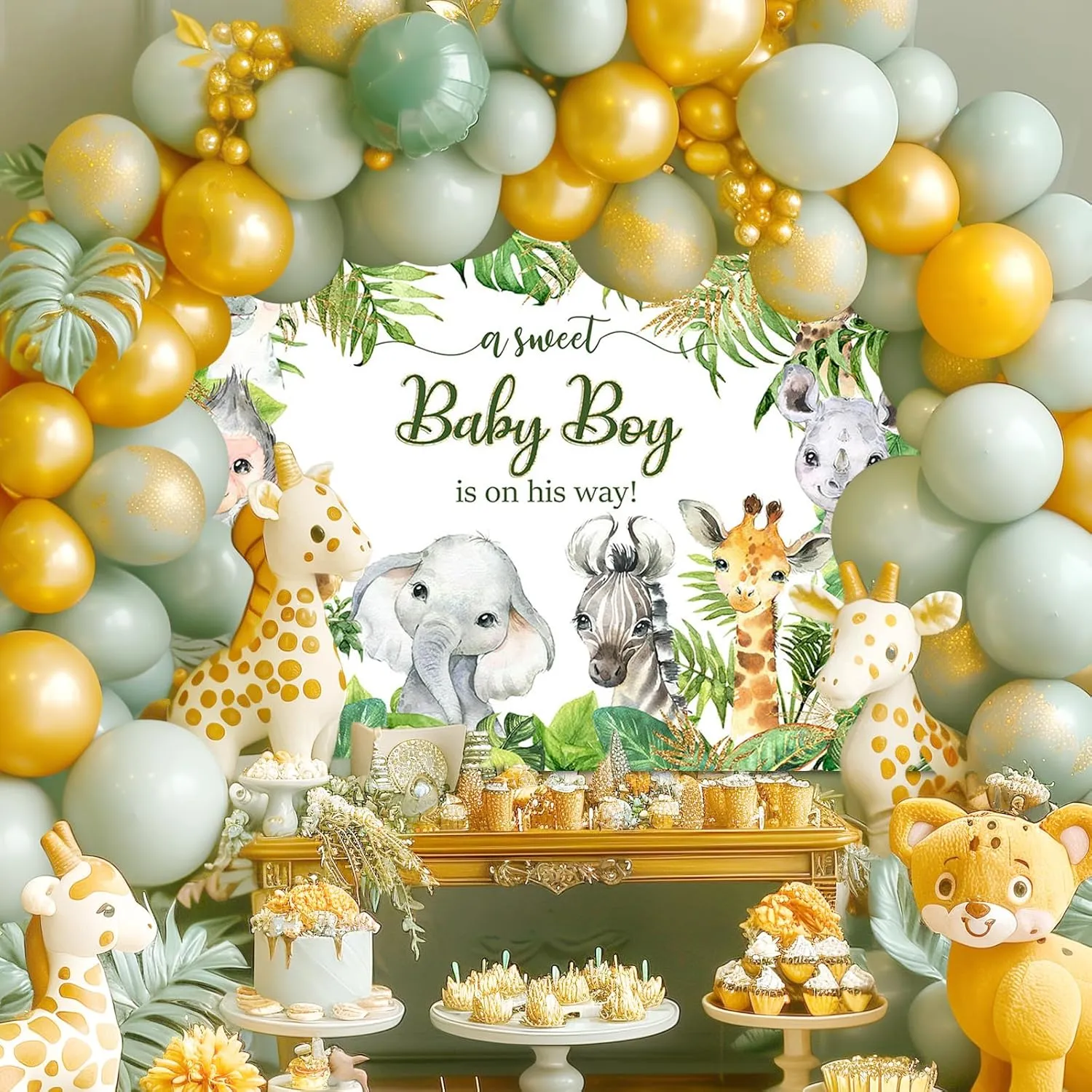 Mocsicka Safari Baby Shower Backdrop Jungle Animals Baby Shower Background Zoo Animals Boy Party Cake Table Decoration Photo Booth Props (7x5ft)