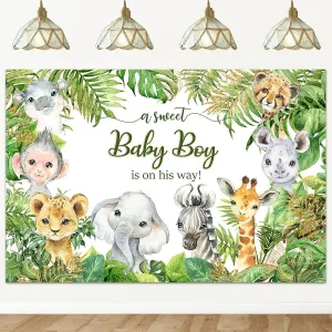 Mocsicka Safari Baby Shower Backdrop Jungle Animals Baby Shower Background Zoo Animals Boy Party Cake Table Decoration Photo Booth Props (7x5ft)