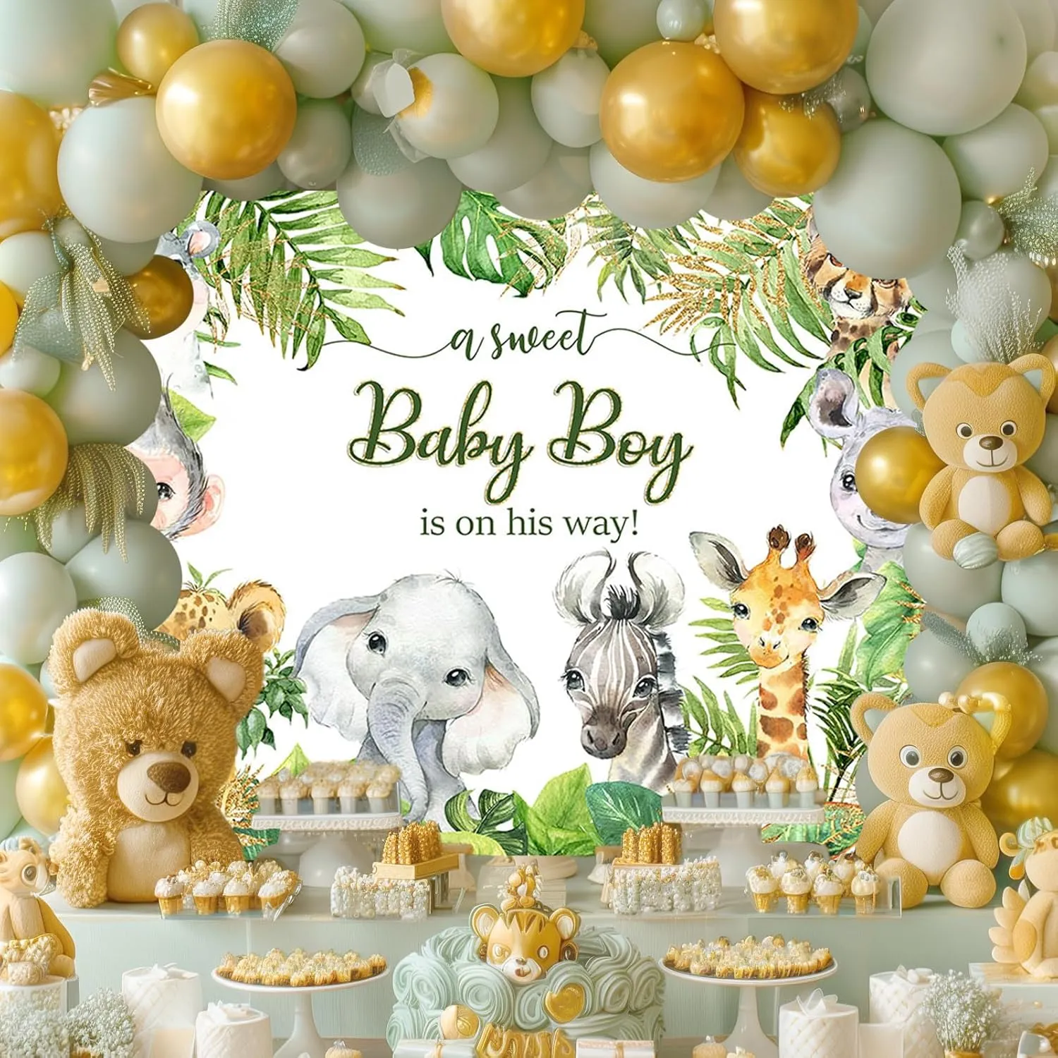 Mocsicka Safari Baby Shower Backdrop Jungle Animals Baby Shower Background Zoo Animals Boy Party Cake Table Decoration Photo Booth Props (7x5ft)
