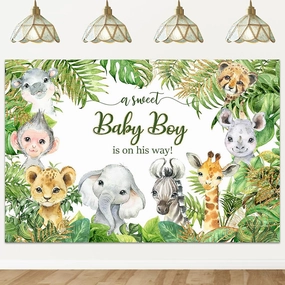 Mocsicka Safari Baby Shower Backdrop Jungle Animals Baby Shower Background Zoo Animals Boy Party Cake Table Decoration Photo Booth Props (7x5ft)